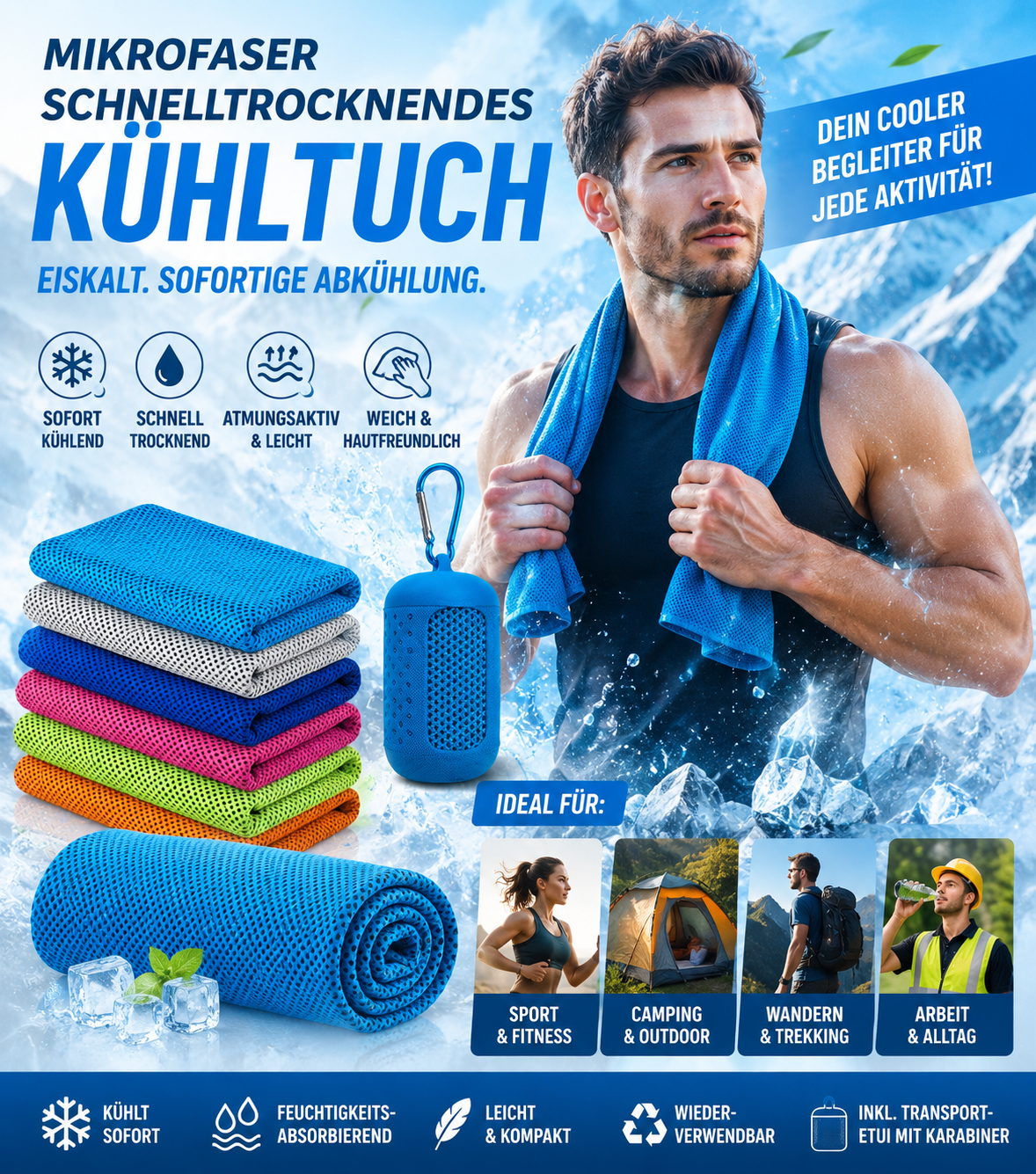 100% Fitness Sporthandtuch – schnelltrocknendes Kühltuch für Training & Outdoor